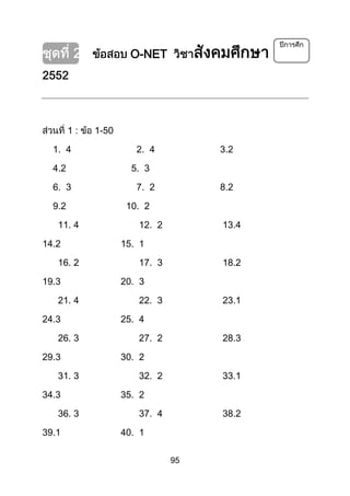 95
O-NET
1 : 1-50
1. 4 2. 4 3.2
4.2 5. 3
6. 3 7. 2 8.2
9.2 10. 2
11. 4 12. 2 13.4
14.2 15. 1
16. 2 17. 3 18.2
19.3 20. 3
21. 4 22. 3 23.1
24.3 25. 4
26. 3 27. 2 28.3
29.3 30. 2
31. 3 32. 2 33.1
34.3 35. 2
36. 3 37. 4 38.2
39.1 40. 1
 