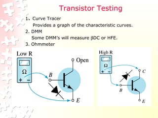 Transistor Testing
1. Curve Tracer
Provides a graph of the characteristic curves.
2. DMM
Some DMM’s will measure βDC or HFE.
3. Ohmmeter
 