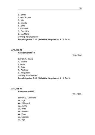 16
S., Emmi
S. verh. R., Ida
S., Ida
S., Brigitte
S., Erna
S.,Elisabeth
S., Brunhilde
S., Ina-Maria
Umfang: 15 Einzelakten
Bestellsignatur: 3.12. (Heilstätte Hengsbach), A 15, Bd. 9
A 16, Bd. 10
Hauspersonal St-T
1954-1966
Enthält: T., Maria
T., Martha
T. Doris
T., Erika
T., Adelheid
S., Margarete
Umfang: 6 Einzelakten
Bestellsignatur: 3.12. (Heilstätte Hengsbach), A 16, Bd. 10
A 17, Bd. 11
Hauspersonal U-Z
1954-1966
Enthält: Z., Lieselotte
W., Inge
W., Hildegard
W., Alwine
W., Hilde
W., Marietta
W., Erna
W., Liselotte
W., Inge
 