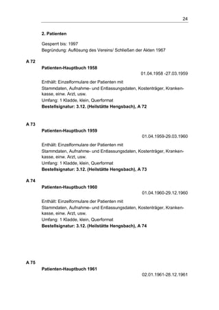 24
2. Patienten
Gesperrt bis: 1997
Begründung: Auflösung des Vereins/ Schließen der Akten 1967
A 72
Patienten-Hauptbuch 1958
01.04.1958 -27.03.1959
Enthält: Einzelformulare der Patienten mit
Stammdaten, Aufnahme- und Entlassungsdaten, Kostenträger, Kranken-
kasse, einw. Arzt, usw.
Umfang: 1 Kladde, klein, Querformat
Bestellsignatur: 3.12. (Heilstätte Hengsbach), A 72
A 73
Patienten-Hauptbuch 1959
01.04.1959-29.03.1960
Enthält: Einzelformulare der Patienten mit
Stammdaten, Aufnahme- und Entlassungsdaten, Kostenträger, Kranken-
kasse, einw. Arzt, usw.
Umfang: 1 Kladde, klein, Querformat
Bestellsignatur: 3.12. (Heilstätte Hengsbach), A 73
A 74
Patienten-Hauptbuch 1960
01.04.1960-29.12.1960
Enthält: Einzelformulare der Patienten mit
Stammdaten, Aufnahme- und Entlassungsdaten, Kostenträger, Kranken-
kasse, einw. Arzt, usw.
Umfang: 1 Kladde, klein, Querformat
Bestellsignatur: 3.12. (Heilstätte Hengsbach), A 74
A 75
Patienten-Hauptbuch 1961
02.01.1961-28.12.1961
 
