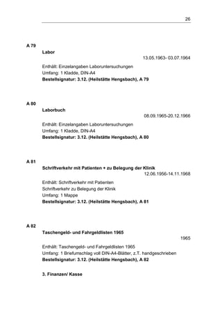 26
A 79
Labor
13.05.1963- 03.07.1964
Enthält: Einzelangaben Laboruntersuchungen
Umfang: 1 Kladde, DIN-A4
Bestellsignatur: 3.12. (Heilstätte Hengsbach), A 79
A 80
Laborbuch
08.09.1965-20.12.1966
Enthält: Einzelangaben Laboruntersuchungen
Umfang: 1 Kladde, DIN-A4
Bestellsignatur: 3.12. (Heilstätte Hengsbach), A 80
A 81
Schriftverkehr mit Patienten + zu Belegung der Klinik
12.06.1956-14.11.1968
Enthält: Schriftverkehr mit Patienten
Schriftverkehr zu Belegung der Klinik
Umfang: 1 Mappe
Bestellsignatur: 3.12. (Heilstätte Hengsbach), A 81
A 82
Taschengeld- und Fahrgeldlisten 1965
1965
Enthält: Taschengeld- und Fahrgeldlisten 1965
Umfang: 1 Briefumschlag voll DIN-A4-Blätter, z.T. handgeschrieben
Bestellsignatur: 3.12. (Heilstätte Hengsbach), A 82
3. Finanzen/ Kasse
 