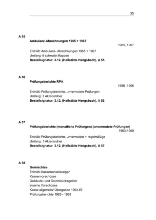 35
A 55
Ambulanz-Abrechnungen 1965 + 1967
1965, 1967
Enthält: Ambulanz- Abrechnungen 1965 + 1967
Umfang: 6 schmale Mappen
Bestellsignatur: 3.12. (Heilstätte Hengsbach), A 55
A 56
Prüfungsberichte RPA
1958 -1966
Enthält: Prüfungsberichte, unvermutete Prüfungen
Umfang: 1 Aktenordner
Bestellsignatur: 3.12. (Heilstätte Hengsbach), A 56
A 57
Prüfungsberichte (monatliche Prüfungen) (unvermutete Prüfungen)
1963-1968
Enthält: Prüfungsberichte, unvermutete + regelmäßige
Umfang: 1 Aktenordner
Bestellsignatur: 3.12. (Heilstätte Hengsbach), A 57
A 58
Gemischtes
Enthält: Kassenanweisungen
Kassenvorschüsse
Gebäude- und Grundstücksgelder
eiserne Vorschüsse
Kasse allgemein/ Übergaben 1963-67
Prüfungsberichte 1963 - 1968
 