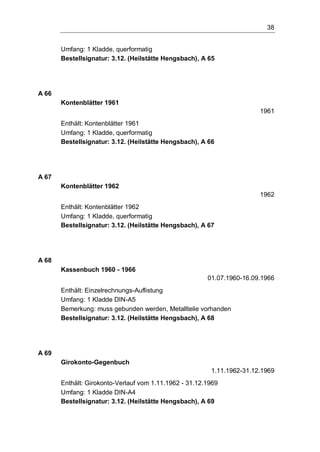 38
Umfang: 1 Kladde, querformatig
Bestellsignatur: 3.12. (Heilstätte Hengsbach), A 65
A 66
Kontenblätter 1961
1961
Enthält: Kontenblätter 1961
Umfang: 1 Kladde, querformatig
Bestellsignatur: 3.12. (Heilstätte Hengsbach), A 66
A 67
Kontenblätter 1962
1962
Enthält: Kontenblätter 1962
Umfang: 1 Kladde, querformatig
Bestellsignatur: 3.12. (Heilstätte Hengsbach), A 67
A 68
Kassenbuch 1960 - 1966
01.07.1960-16.09.1966
Enthält: Einzelrechnungs-Auflistung
Umfang: 1 Kladde DIN-A5
Bemerkung: muss gebunden werden, Metallteile vorhanden
Bestellsignatur: 3.12. (Heilstätte Hengsbach), A 68
A 69
Girokonto-Gegenbuch
1.11.1962-31.12.1969
Enthält: Girokonto-Verlauf vom 1.11.1962 - 31.12.1969
Umfang: 1 Kladde DIN-A4
Bestellsignatur: 3.12. (Heilstätte Hengsbach), A 69
 