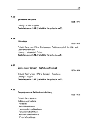 42
A 93
gemischte Baupläne
1954-1971
Umfang: 10 lose Mappen
Bestellsignatur: 3.12. (Heilstätte Hengsbach), A 93
A 94
Kläranlage
1953-1954
Enthält: Bauschein, Pläne, Rechnungen, Betriebsvorschrift der Klär- und
Desinfektionsanlage
Umfang: 1 Mappe in 1 Ordner
Bestellsignatur: 3.12. (Heilstätte Hengsbach), A 94
A 95
Gemischtes: Garagen + Wohnhaus Chefarzt
1961-1964
Enthält: Rechnungen + Pläne Garagen + Ärztehaus
Umfang: 1 Mappe
Bestellsignatur: 3.12. (Heilstätte Hengsbach), A 95
A 96
Bauprogramm + Gebäudeunterhaltung
1953-1968
Enthält: Bauprogramm
Gebäudeunterhaltung
- Heilstätte
- Personalwohnheim
- Hausmeister- und Arzthaus
- Personalmietwohnhaus
- Arzt- und Verwalterhaus
- Wirtschaftsgebäude
 