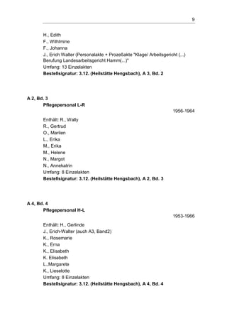 9
H., Edith
F., Wilhlmine
F., Johanna
J., Erich Walter (Personalakte + Prozeßakte "Klage/ Arbeitsgericht (...)
Berufung Landesarbeitsgericht Hamm(...)"
Umfang: 13 Einzelakten
Bestellsignatur: 3.12. (Heilstätte Hengsbach), A 3, Bd. 2
A 2, Bd. 3
Pflegepersonal L-R
1956-1964
Enthält: R., Wally
R., Gertrud
O., Marilen
L., Erika
M., Erika
M., Helene
N., Margot
N., Annekatrin
Umfang: 8 Einzelakten
Bestellsignatur: 3.12. (Heilstätte Hengsbach), A 2, Bd. 3
A 4, Bd. 4
Pflegepersonal H-L
1953-1966
Enthält: H., Gerlinde
J., Erich-Walter (auch A3, Band2)
K., Rosemarie
K., Erna
K., Elisabeth
K. Elisabeth
L.,Margarete
K., Lieselotte
Umfang: 8 Einzelakten
Bestellsignatur: 3.12. (Heilstätte Hengsbach), A 4, Bd. 4
 