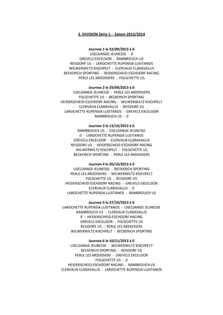 3. DIVISION Série 1 - Saison 2013/2014
Journee 1 le 22/09/2013 à 0
USELDANGE JEUNESSE - 0
GREVELS EXCELSIOR - RAMBROUCH US
REISDORF US - LAROCHETTE RUPENSIA LUSITANOS
WILWERWILTZ KISCHPELT - CLERVAUX CLARAVALLIS
BECKERICH SPORTING - HEIDERSCHEID-ESCHDORF RACING
PERLE LES ARDOISIERS - FOLSCHETTE US
Journee 2 le 29/09/2013 à 0
USELDANGE JEUNESSE - PERLE LES ARDOISIERS
FOLSCHETTE US - BECKERICH SPORTING
HEIDERSCHEID-ESCHDORF RACING - WILWERWILTZ KISCHPELT
CLERVAUX CLARAVALLIS - REISDORF US
LAROCHETTE RUPENSIA LUSITANOS - GREVELS EXCELSIOR
RAMBROUCH US - 0
Journee 3 le 13/10/2013 à 0
RAMBROUCH US - USELDANGE JEUNESSE
0 - LAROCHETTE RUPENSIA LUSITANOS
GREVELS EXCELSIOR - CLERVAUX CLARAVALLIS
REISDORF US - HEIDERSCHEID-ESCHDORF RACING
WILWERWILTZ KISCHPELT - FOLSCHETTE US
BECKERICH SPORTING - PERLE LES ARDOISIERS
Journee 4 le 20/10/2013 à 0
USELDANGE JEUNESSE - BECKERICH SPORTING
PERLE LES ARDOISIERS - WILWERWILTZ KISCHPELT
FOLSCHETTE US - REISDORF US
HEIDERSCHEID-ESCHDORF RACING - GREVELS EXCELSIOR
CLERVAUX CLARAVALLIS - 0
LAROCHETTE RUPENSIA LUSITANOS - RAMBROUCH US
Journee 5 le 27/10/2013 à 0
LAROCHETTE RUPENSIA LUSITANOS - USELDANGE JEUNESSE
RAMBROUCH US - CLERVAUX CLARAVALLIS
0 - HEIDERSCHEID-ESCHDORF RACING
GREVELS EXCELSIOR - FOLSCHETTE US
REISDORF US - PERLE LES ARDOISIERS
WILWERWILTZ KISCHPELT - BECKERICH SPORTING
Journee 6 le 10/11/2013 à 0
USELDANGE JEUNESSE - WILWERWILTZ KISCHPELT
BECKERICH SPORTING - REISDORF US
PERLE LES ARDOISIERS - GREVELS EXCELSIOR
FOLSCHETTE US - 0
HEIDERSCHEID-ESCHDORF RACING - RAMBROUCH US
CLERVAUX CLARAVALLIS - LAROCHETTE RUPENSIA LUSITANOS
 