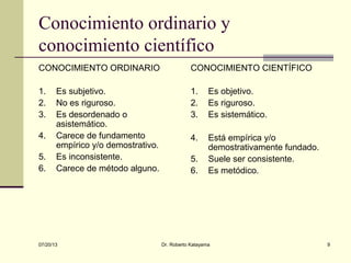 07/20/13 Dr. Roberto Katayama 9
Conocimiento ordinario y
conocimiento científico
CONOCIMIENTO ORDINARIO
1. Es subjetivo.
2. No es riguroso.
3. Es desordenado o
asistemático.
4. Carece de fundamento
empírico y/o demostrativo.
5. Es inconsistente.
6. Carece de método alguno.
CONOCIMIENTO CIENTÍFICO
1. Es objetivo.
2. Es riguroso.
3. Es sistemático.
4. Está empírica y/o
demostrativamente fundado.
5. Suele ser consistente.
6. Es metódico.
 
