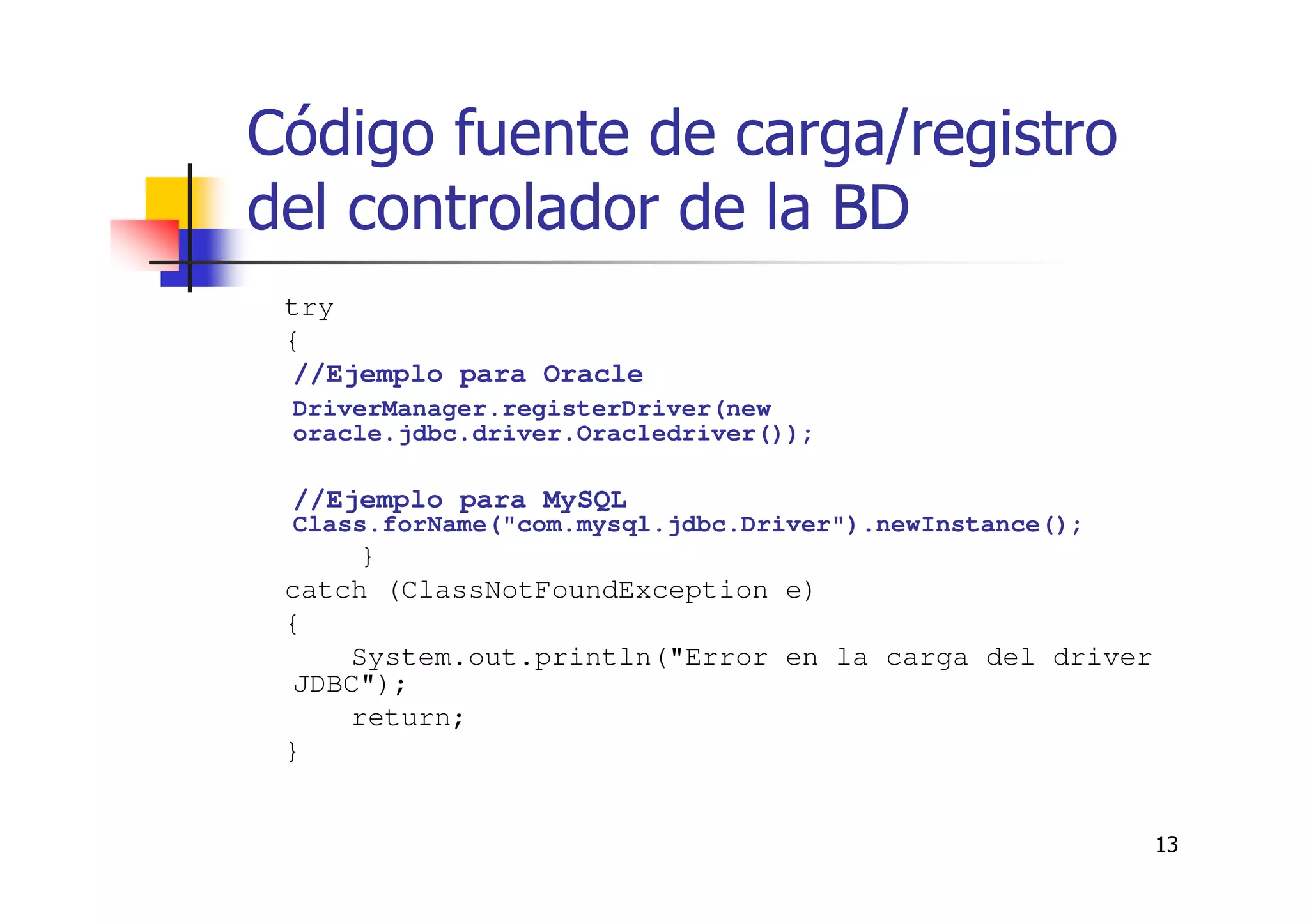 13
Código fuente de carga/registro
del controlador de la BD
try
{
//Ejemplo para Oracle
DriverManager.registerDriver(new
oracle.jdbc.driver.Oracledriver());
//Ejemplo para MySQL
Class.forName("com.mysql.jdbc.Driver").newInstance();
}
catch (ClassNotFoundException e)
{
System.out.println("Error en la carga del driver
JDBC");
return;
}
 