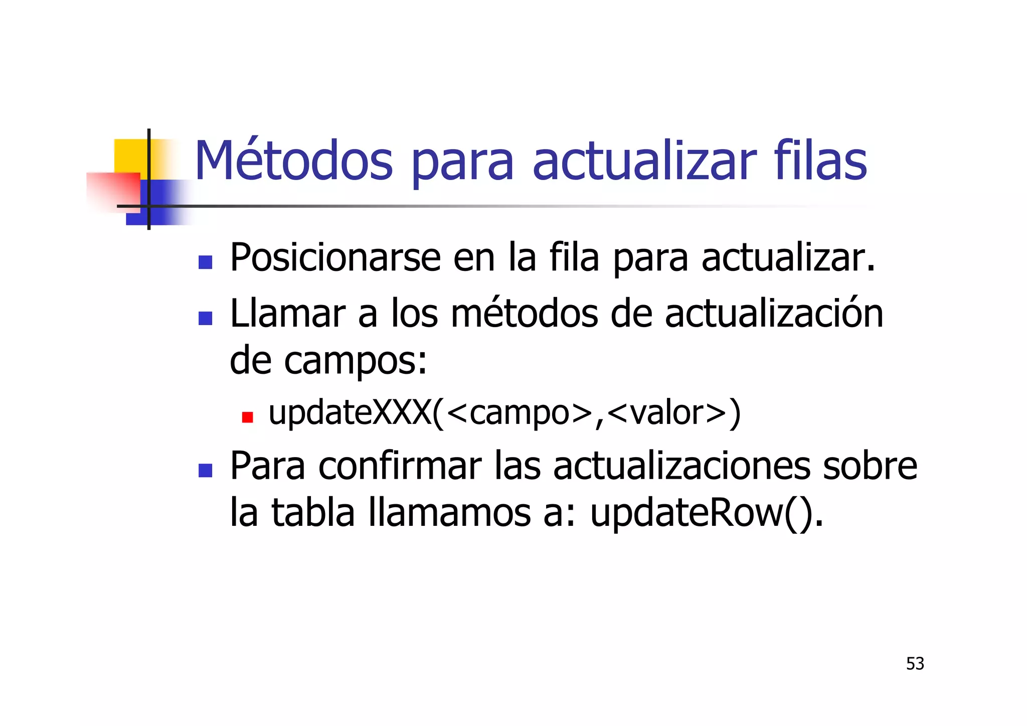 53
Métodos para actualizar filas
Posicionarse en la fila para actualizar.
Llamar a los métodos de actualización
de campos:
updateXXX(<campo>,<valor>)
Para confirmar las actualizaciones sobre
la tabla llamamos a: updateRow().
 