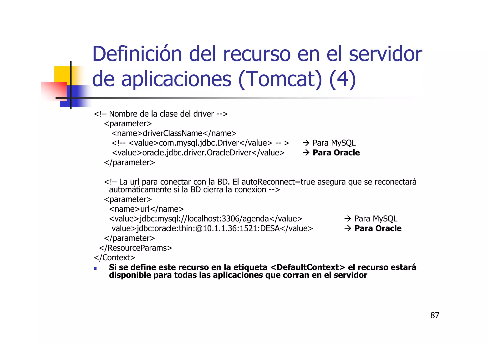 87
Definición del recurso en el servidor
de aplicaciones (Tomcat) (4)
<!– Nombre de la clase del driver -->
<parameter>
<name>driverClassName</name>
<!-- <value>com.mysql.jdbc.Driver</value> -- > Para MySQL
<value>oracle.jdbc.driver.OracleDriver</value> Para Oracle
</parameter>
<!– La url para conectar con la BD. El autoReconnect=true asegura que se reconectará
automáticamente si la BD cierra la conexion -->
<parameter>
<name>url</name>
<value>jdbc:mysql://localhost:3306/agenda</value> Para MySQL
value>jdbc:oracle:thin:@10.1.1.36:1521:DESA</value> Para Oracle
</parameter>
</ResourceParams>
</Context>
Si se define este recurso en la etiqueta <DefaultContext> el recurso estará
disponible para todas las aplicaciones que corran en el servidor
 