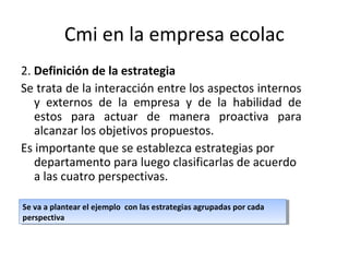 Cmi en la empresa ecolac
2. Definición de la estrategia
Se trata de la interacción entre los aspectos internos
y externos de la empresa y de la habilidad de
estos para actuar de manera proactiva para
alcanzar los objetivos propuestos.
Es importante que se establezca estrategias por
departamento para luego clasificarlas de acuerdo
a las cuatro perspectivas.
Se va a plantear el ejemplo con las estrategias agrupadas por cada
perspectiva
Se va a plantear el ejemplo con las estrategias agrupadas por cada
perspectiva
 