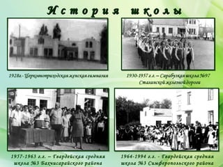 И с т о р и я ш к о л ыИ с т о р и я ш к о л ы
1957-1963 г.г. – Гвардейская средняя
школа №3 Бахчисарайского района
1964-1994 г.г. - Гвардейская средняя
школа №3 Симферопольского района
 