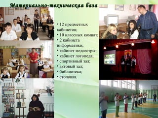 Материально-техническая базаМатериально-техническая база
• 12 предметных
кабинетов;
• 10 классных комнат;
• 2 кабинета
информатики;
• кабинет медсестры;
• кабинет логопеда;
• спортивный зал;
• актовый зал;
• библиотека;
• столовая.
 