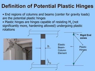Definition of Potential Plastic Hinges
• End regions of columns and beams (center for gravity loads)
are the potential plastic hinges
• Plastic hinges are hinges capable of resisting My (not
significantly more, hardening allowed) undergoing plastic
rotations
h
Lp
Elastic
Beam-
Column
Element
Plastic
Hinges
Rigid End
zones
 
