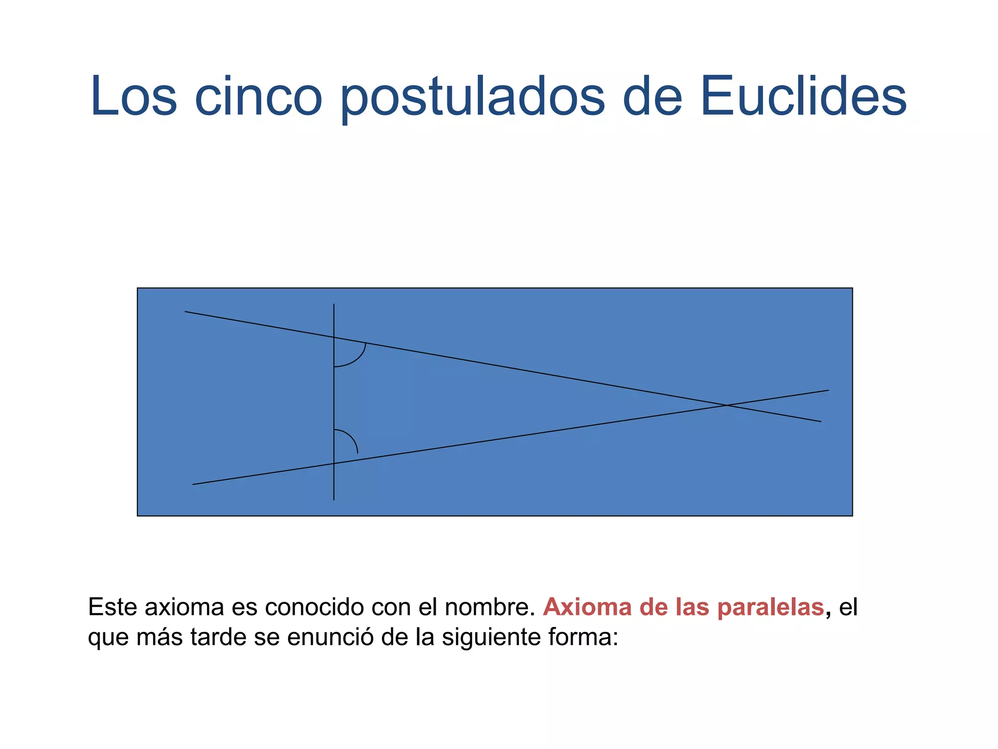 Los cinco postulados de Euclides
Este axioma es conocido con el nombre. Axioma de las paralelas, el
que más tarde se enunció de la siguiente forma:
 