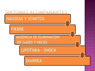 NAUSEAS Y VOMITOS
FIEBRE
AUSENCIA DE ELIMINACION
DE GASES Y HECES
LIPOTIMIA - SHOCK
DIARREA
 