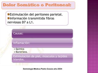 Estimulación del peritoneo parietal.
Información transmitida fibras
nerviosas D7 a L1.
Causas:
Inflamación:
• Química
• Bacteriana.
Estimulación de piel, músculos y tejidos
blandos.
Semiología Médica Pedro Cossio año 2004
 