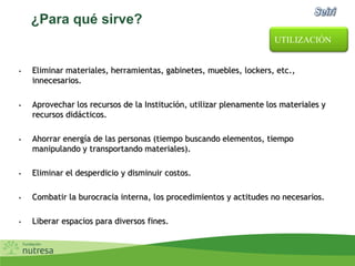 ¿Para qué sirve?
• Eliminar materiales, herramientas, gabinetes, muebles, lockers, etc.,
innecesarios.
• Aprovechar los recursos de la Institución, utilizar plenamente los materiales y
recursos didácticos.
• Ahorrar energía de las personas (tiempo buscando elementos, tiempo
manipulando y transportando materiales).
• Eliminar el desperdicio y disminuir costos.
• Combatir la burocracia interna, los procedimientos y actitudes no necesarios.
• Liberar espacios para diversos fines.
UTILIZACIÓN
 