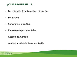 ¿QUÉ REQUIERE…?
• Participación (construcción – ejecución)
• Formación
• Compromiso directivo
• Cambios comportamentales
• Gestión del Cambio
• Juiciosa y exigente implementación
 