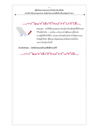 คู่มือนิเทศการออกแบบการเรียนรู้รายวิชาเพิ่มเติม
สาหรับโรงเรียนมาตรฐานสากล สังกัดสานักงานเขตพื้นที่การศึกษาปทุมธานี เขต 2
15
ภาระงาน : ขอให้เพื่อนครูนาผลการเรียนรู้รายวิชาเพิ่มเติมที่ได้กาหนด
ไว้ในชั้นปี หรือ 1 ภาคเรียน มาวิเคราะห์ว่าผู้เรียนควรรู้เรื่องใด
ควรปฏิบัติสิ่งใดได้บ้าง และผลการเรียนรู้แต่ละข้อ นาไปสู่สมรรถนะ
สาคัญข้อใดบ้าง ผู้เรียนควรมีคุณลักษณะอันพึงประสงค์ใดบ้าง
จากการเรียนรู้รายวิชานี้
ประเด็นคาตอบ : บันทึกคาตอบลงในแบบฝึกที่กาหนดให้
 