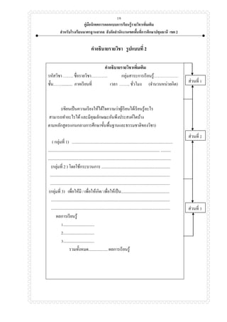 คู่มือนิเทศการออกแบบการเรียนรู้รายวิชาเพิ่มเติม
สาหรับโรงเรียนมาตรฐานสากล สังกัดสานักงานเขตพื้นที่การศึกษาปทุมธานี เขต 2
19
คาอธิบายรายวิชา รูปแบบที่ 2
คาอธิบายรายวิชาเพิ่มเติม
รหัสวิชา …….. ชื่อรายวิชา………… กลุ่มสาระการเรียนรู้………………
ชั้น……........... ภาคเรียนที่ เวลา …….. ชั่วโมง (จานวนหน่วยกิต)
(เขียนเป็นความเรียงให้ได้ใจความว่าผู้เรียนได้เรียนรู้อะไร
สามารถทาอะไรได้และมีคุณลักษณะอันพึงประสงค์ใดบ้าง
ตามหลักสูตรแกนกลางการศึกษาขั้นพื้นฐานและธรรมชาติของวิชา)
( กลุ่มที่ 1) ....................................................................................................
............................................................................................................... ..........
..........................................................................................................................
(กลุ่มที่ 2 ) โดยใช้กระบวนการ ....................................................................
.......................................................................................................................
.......................................................................................................................
(กลุ่มที่ 3) เพื่อให้มี / เพื่อให้เกิด/ เพื่อให้เป็น................................................
......................................................................................................................
......................................................................................................................
ผลการเรียนรู้
1...............................
2...............................
3...............................
รวมทั้งหมด................... ผลการเรียนรู้
ส่วนที่ 1
ส่วนที่ 2
ส่วนที่ 3
 