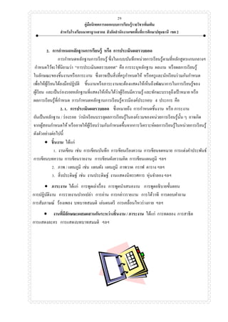 คู่มือนิเทศการออกแบบการเรียนรู้รายวิชาเพิ่มเติม
สาหรับโรงเรียนมาตรฐานสากล สังกัดสานักงานเขตพื้นที่การศึกษาปทุมธานี เขต 2
29
2. การกาหนดหลักฐานการเรียนรู้ หรือ การประเมินผลรวบยอด
การกาหนดหลักฐานการเรียนรู้ ซึ่งในแบบบันทึกหน่วยการเรียนรู้ตามที่หลักสูตรแกนกลางฯ
กาหนดไว้จะใช้นิยามว่า “การประเมินผลรวบยอด” คือ การระบุหลักฐาน ผลงาน หรือผลการเรียนรู้
ในลักษณะของชิ้นงานหรือภาระงาน ซึ่งอาจเป็นสิ่งที่ครูกาหนดให้ หรือครูและนักเรียนร่วมกันกาหนด
เพื่อให้ผู้เรียนได้ลงมือปฏิบัติ ชิ้นงานหรือภาระงานจะต้องแสดงให้เห็นถึงพัฒนาการในการเรียนรู้ของ
ผู้เรียน และเป็นร่องรอยหลักฐานที่แสดงให้เห็นได้ว่าผู้เรียนมีความรู้ และทักษะบรรลุถึงเป้ าหมาย หรือ
ผลการเรียนรู้ที่กาหนด การกาหนดหลักฐานการเรียนรู้ควรมีองค์ประกอบ 4 ประการ คือ
2. 1. การประเมินผลรวบยอด ซึ่งหมายถึง การกาหนดชิ้นงาน หรือ ภาระงาน
อันเป็นหลักฐาน / ร่องรอย ว่านักเรียนบรรลุผลการเรียนรู้ในองค์รวมของหน่วยการเรียนรู้นั้น ๆ อาจเกิด
จากผู้สอนกาหนดให้ หรืออาจให้ผู้เรียนร่วมกันกาหนดขึ้นจากการวิเคราะห์ผลการเรียนรู้ในหน่วยการเรียนรู้
ดังตัวอย่างต่อไปนี้
 ชิ้นงาน ได้แก่
1. งานเขียน เช่น การเขียนบันทึก การเขียนเรียงความ การเขียนจดหมาย การแต่งคาประพันธ์
การเขียนบทความ การเขียนรายงาน การเขียนผังความคิด การเขียนแผนภูมิ ฯลฯ
2. ภาพ / แผนภูมิ เช่น แผนผัง แผนภูมิ ภาพวาด กราฟ ตาราง ฯลฯ
3. สิ่งประดิษฐ์ เช่น งานประดิษฐ์ งานแสดงนิทรรศการ หุ่นจาลอง ฯลฯ
 ภาระงาน ได้แก่ การพูดเล่าเรื่อง การพูดนาเสนองาน การพูดอธิบายขั้นตอน
การปฏิบัติงาน การรายงานปากเปล่า การอ่าน การกล่าวรายงาน การโต้วาที การตอบคาถาม
การสัมภาษณ์ ร้องเพลง บทบาทสมมติ เล่นดนตรี การเคลื่อนไหวร่างกาย ฯลฯ
 งานที่มีลักษณะผสมผสานกันระหว่างชิ้นงาน / ภาระงาน ได้แก่ การทดลอง การสาธิต
การแสดงละคร การแสดงบทบาทสมมติ ฯลฯ
 