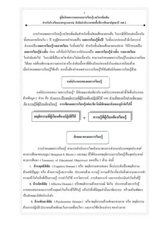 คู่มือนิเทศการออกแบบการเรียนรู้รายวิชาเพิ่มเติม
สาหรับโรงเรียนมาตรฐานสากล สังกัดสานักงานเขตพื้นที่การศึกษาปทุมธานี เขต 2
5
การกาหนดผลการเรียนรู้รายวิชาเพิ่มเติมสาหรับชั้นมัธยมศึกษาตอนต้น ในกรณีที่เรียนต่อเนื่องกัน
ทั้งสองภาคเรียนใน 1 ปี ครูผู้สอนอาจกาหนดเป็น ผลการเรียนรู้ชั้นปี ในขั้นแรกก่อนแล้วจึงวิเคราะห์
จาแนกเป็น ผลการเรียนรู้รายภาคเรียน ในขั้นต่อไป สาหรับชั้นมัธยมศึกษาตอนปลาย ให้กาหนดเป็น
ผลการเรียนรู้ช่วงชั้น ก่อน แล้วจึงนาไปวิเคราะห์จาแนกเป็น ผลการเรียนรู้ช่วงชั้น รายภาคเรียน
ในลาดับต่อไป ในกรณีที่เป็นรายวิชาอิสระไม่ต่อเนื่องกัน สามารถกาหนดผลการเรียนรู้ในแต่ละภาคเรียน
ได้เลย แต่ต้องพิจารณาความยากง่าย หรือ ลาดับเนื้อหาที่ต้องเรียนก่อนหลังในแต่ละภาคเรียนด้วย
เมื่อกาหนดผลการเรียนรู้ได้แล้ว จากนั้นต้องกาหนดสาระการเรียนรู้ให้สัมพันธ์กับผลการเรียนรู้ด้วย
องค์ประกอบของผลการเรียนรู้
องค์ประกอบของ “ผลการเรียนรู้” มีลักษณะเช่นเดียวกับ องค์ประกอบของตัวชี้วัดซึ่งประกอบ
ด้วยข้อมูล 2 ส่วน คือ ส่วนแรก เป็นพฤติกรรมที่ผู้เรียนต้องปฏิบัติได้ และ ส่วนที่สองหรือส่วนที่ตามมา
คือ ความรู้ที่ผู้เรียนต้องเรียนรู้ การเขียนผลการเรียนรู้แต่ละข้อ จึงมีลักษณะดังแผนภูมิ ต่อไปนี้
+
ลักษณะของผลการเรียนรู้
การกาหนดผลการเรียนรู้ สามารถดาเนินการโดยอิงแนวทางการจาแนกประเภทจุดประสงค์
ทางการศึกษาของบลูม ( Benjamin S. Bloom ) และคณะ ที่ได้จาแนกพฤติกรรมการเรียนรู้เป็นจุดประสงค์
ทางการศึกษา ( Taxonomy of Educational Objectives) ออกเป็น 3 ด้าน ดังนี้
1. ด้านพุทธิพิสัย ( Cognitive Domain ) หรือ พฤติกรรมทางสมอง ที่แบ่งระดับเป็นพฤติกรรม
ด้านสติปัญญา หรือ ด้านความรู้และการคิด ประกอบด้วย ความรู้ ความเข้าใจ เกี่ยวกับสิ่งต่างๆและการทา
ความเข้าใจในสิ่งที่เป็นความรู้ การนาไปใช้ การวิเคราะห์ การสังเคราะห์ และการประเมินค่าในสิ่งที่รู้
2. ด้านจิตพิสัย ( Affective Domain ) หรือพฤติกรรมด้านอารมณ์ จิตใจ ประกอบด้วยการรับรู้
การตอบสนองและการสร้างคุณค่าในเรื่องที่ได้รับรู้ แล้วนาสิ่งที่มีคุณค่านั้นมาจัดระบบ สร้างเสริมพัฒนา
เป็นลักษณะนิสัยประจาตัว
3. ด้านทักษะพิสัย ( Psychomotor Domain ) หรือ พฤติกรรมด้านทักษะทางกาย หรือ พฤติกรรม
ด้านการปฏิบัติ ประกอบด้วยทักษะในการเคลื่อนไหว และการใช้อวัยวะต่างๆ ของร่างกาย
พฤติกรรมที่ผู้เรียนต้องปฏิบัติได้ ความรู้ที่ผู้เรียนต้องเรียนรู้
 