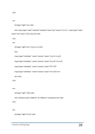 การเขียนโปรแกรมติดต่อฐานข้อมูล 20
</tr>
<tr>
<td align="right">เพศ </td>
<td> <input type="radio" checked="checked" name="sex" value="ชาย">ชาย <input type="radio"
name="sex" value="หญิง">หญิง<br></td>
</tr>
<tr>
<td align="right">ชอบการ์ตูนประเภท</td>
<td>
<input type="checkbox" name="cartoon" value="ผจญภัย">ผจญภัย
<input type="checkbox" name="cartoon" value="โรแมนติก">โรแมนติก
<input type="checkbox" name="cartoon" value="กีฬา">กีฬา
<input type="checkbox" name="cartoon" value="ตลกขบขัน">ตลก
<br></td>
</tr>
<tr>
<td align="right" >ที่อยู่ </td>
<td> <textarea name="Address" id="Address"></textarea><br></td>
</tr>
<tr>
<td align="right">จังหวัด </td>
 