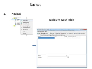 Navicat
1. Navicat
Tables => New Table
 