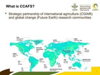 3
What is CCAFS?
• Strategic partnership of international agriculture (CGIAR)
and global change (Future Earth) research co...