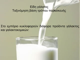 Είδη γάλατος
Ταξινόμηση βάση τρόπου παρασκευής
Στο εμπόριο κυκλοφορούν διάφορα προϊόντα γάλακτος
και γαλακτοκομικών:
 