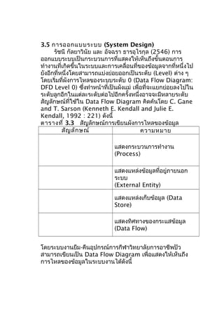 3.5 การออกแบบระบบ (System Design)
รัชนี กัลยาวินัย และ อัจฉรา ธารอุไรกุล (2546) การ
ออกแบบระบบเป็นกระบวนการที่แสดงให้เห็นถึงขั้นตอนการ
ทำางานที่เกิดขึ้นในระบบและการเคลื่อนที่ของข้อมูลจากที่หนึ่งไป
ยังอีกที่หนึ่งโดยสามารถแบ่งย่อยออกเป็นระดับ (Level) ต่าง ๆ
โดยเริ่มที่ผังการไหลของระบบระดับ 0 (Data Flow Diagram:
DFD Level 0) ซึ่งทำาหน้าที่เป็นผังแม่ เพื่อที่จะแยกย่อยลงไปใน
ระดับลูกอีกในแต่ละระดับต่อไปอีกครั้งหนึ่งอาจจะมีหลายระดับ
สัญลักษณ์ที่ใช้ใน Data Flow Diagram คิดค้นโดย C. Gane
and T. Sarson (Kenneth E. Kendall and Julie E.
Kendall, 1992 : 221) ดังนี้
ตารางที่ 3.3 สัญลักษณ์การเขียนผังการไหลของข้อมูล
สัญลักษณ์ ความหมาย
แสดงกระบวนการทำางาน
(Process)
แสดงแหล่งข้อมูลที่อยู่ภายนอก
ระบบ
(External Entity)
แสดงแหล่งเก็บข้อมูล (Data
Store)
แสดงทิศทางของกระแสข้อมูล
(Data Flow)
โดยระบบงานยืม-คืนอุปกรณ์การกีฬาวิทยาลัยการอาชีพปัว
สามารถเขียนเป็น Data Flow Diagram เพื่อแสดงให้เห็นถึง
การไหลของข้อมูลในระบบงานได้ดังนี้
 