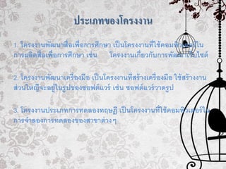 ประเภทของโครงงาน
1. โครงงานพัฒนาสื่อเพื่อการศึกษา เป็นโครงงานที่ใช้คอมพิวเตอร์ใน
การผลิตสื่อเพื่อการศึกษา เช่น โครงงานเกี่ยวกับการพัฒนาเว็บไซต์
2. โครงงานพัฒนาเครื่องมือ เป็นโครงงานที่สร้างเครื่องมือ ใช้สร้างงาน
ส่วนใหญืจะอยู่ในรูปของซอฟต์แวร์ เช่น ซอฟต์แวร์วาดรูป
3. โครงงานประเภทการทดลองทฤษฎี เป็นโครงงานที่ใช้คอมพิวเตอร์ใน
การจาลองการทดลองของสาขาต่างๆ
 