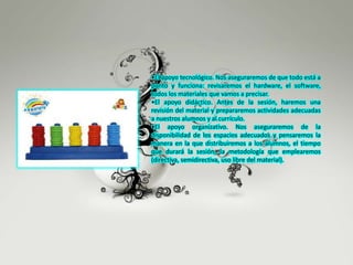 •El apoyo tecnológico. Nos aseguraremos de que todo está a
punto y funciona: revisaremos el hardware, el software,
todos los materiales que vamos a precisar.
•El apoyo didáctico. Antes de la sesión, haremos una
revisión del material y prepararemos actividades adecuadas
a nuestros alumnos y al currículo.
•El apoyo organizativo. Nos aseguraremos de la
disponibilidad de los espacios adecuados y pensaremos la
manera en la que distribuiremos a los alumnos, el tiempo
que durará la sesión, la metodología que emplearemos
(directiva, semidirectiva, uso libre del material).
 