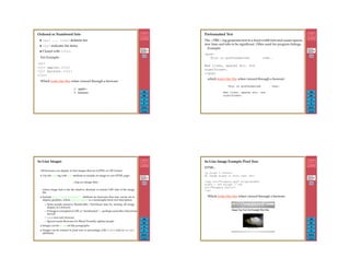 315
Back
Close
Ordered or Numbered lists
• <ul> ... </ul> delimits list.
• <li> indicates list items.
• Closed with </li>.
For Example:
<ol>
<li> apples.</li>
<li> bananas.</li>
</ol>
Which looks like this when viewed through a browser:
316
Back
Close
Preformatted Text
The <PRE> tag generates text in a ﬁxed width font and causes spaces,
new lines and tabs to be signiﬁcant. Often used for program listings.
Example:
<pre>
This is preformatted text.
New lines, spaces etc. are
significant.
</pre>
which looks like this when viewed through a browser:
317
Back
Close
In-Line Images
All browsers can display in-line images that are in JPEG or GIF format.
• Use the img tag with src attribute to include an image in you HTML page:
<img src=image link>
where image link is the the relative, absolute or remote URL link of the image
ﬁle.
• Include alt=‘‘replacement’’ attribute for browsers that may not be set to
display graphics, where replacement is a meaningful short text description.
– Some people preserve Bandwidth/ Download time by turning off image
display in a browser
– If image is corrupted or URL is “misdirected” — perhaps some ﬁles/directories
moved.
– Lynx text only browser
– Special needs Browsers for Blind/Partially sighted people
• Images can be aligned like paragraphs.
• Images can be resized in pixel size or percentage with width and/or height
attributes.
318
Back
Close
In-Line Image Example Pixel Size
HTML:
<p align = center>
An image mixed in with text <br>
<img src="niagara.jpg" align=middle
width = 300 height = 200
alt="Niagara Falls">
</p>
Which looks like this when viewed through a browser:
 