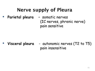 Nerve supply of Pleura
 Parietal pleura – somatic nerves
(IC nerves, phrenic nerve)
pain sensitive
 Visceral pleura - autonomic nerves (T2 to T5)
pain insensitive
13
 