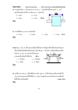 Physics Online I http://www.pec9.com บทที่ 3 มวล แรง และ กฏการเคลื่อนที่ของนิวตัน
67
52. จากรูปตาชั่งเบา A มีมวลมากกวา B และ A กําลังเคลื่อนที่ดวยความเรง 2 m/s2
ขณะนั้นตาชั่งอานคาได 12 นิวตัน มวล A หนักเทาไร
ก. 1.0 kg ข. 1.5 kg
ค. 2.0 kg ง . 2.5 kg (ขอ ข)
วิธีทํา
53. จากขอที่ผานมา มวล B หนักเทาใด
ก. 0.5 kg ข. 0.8 kg ค. 1.0 kg ง . 1.2 kg (ขอ ค)
วิธีทํา
54(มช 41) A และ B เปนรอกเบาเกลี้ยงไมมีน้ําหนัก ตรึงอยูบนโตะเกลี้ยงดังแสดงในรูป C
เปนเครื่องชั่งสปริงที่ปลายทั้งสองขาง มีมวลขางละ 2 กิโลกรัม ผูกติดกับเชือกเบาคลอง
ผานรอก A และ B จะอานคาน้ําหนักของ
มวลบนเครื่องชั่งสปริงไดเทาใด (ขอ 1)
1. 2 กิโลกรัม 2. 4 กิโลกรัม
3. 2 นิวตัน 4 . 4 นิวตัน
วิธีทํา
55. ลูกปนมวล 0.02 kg เคลื่อนที่ดวยความเร็ว 400 m/s วิ่งเขาชนในแนวตั้งฉากกับตนไม
แนวราบปรากฏวาเจาะเนื้อไมเขาลึก 0.1 เมตร จึงหยุดนิ่ง จงหาแรงตานทานการเคลื่อนที่
ที่เนื้อไมกระทําตอลูกปน (16000 นิวตัน)
วิธีทํา
 