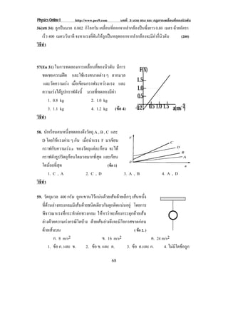 Physics Online I http://www.pec9.com บทที่ 3 มวล แรง และ กฏการเคลื่อนที่ของนิวตัน
68
56(มช 34) ลูกปนมวล 0.002 กิโลกรัม เคลื่อนที่ออกจากลํากลองปนซึ่งยาว 0.80 เมตร ดวยอัตรา
เร็ว 400 เมตร/วินาที จงหาแรงที่ดันใหลูกปนหลุดออกจากลํากลองจะมีคากี่นิวตัน (200)
วิธีทํา
57(En 31) ในการทดลองการเคลื่อนที่ของนิวตัน มีการ
ชดเชยความฝด และใชแรงขนาดตาง ๆ ลากมวล
และวัดความเรง เมื่อเขียนกราฟระหวางแรง และ
ความเรงไดรูปกราฟดังนี้ มวลที่ทดลองมีคา
1. 0.8 kg 2. 1.0 kg
3. 1.1 kg 4. 1.2 kg (ขอ 4)
วิธีทํา
58. นักเรียนคนหนึ่งทดลองดึงวัตถุ A , B , C และ
D โดยใชแรงตาง ๆ กัน เมื่อนําแรง F มาเขียน
กราฟกับความเรง a ของวัตถุแตละกอน จะได
กราฟดังรูปวัตถุกอนใดมวลมากที่สุด และกอน
ใดนอยที่สุด (ขอ 1)
1. C , A 2. C , D 3. A , B 4. A , D
วิธีทํา
59. วัตถุมวล 400 กรัม ถูกแขวนไวแนนดวยเสนดายเล็กๆ เสนหนึ่ง
ที่ดานลางทรงกลมมีเสนดายชนิดเดียวกันผูกติดแนนอยู โดยการ
พิจารณาแรงที่กระทําตอทรงกลม ใหหาวาจะตองกระตุกดายเสน
ลางดวยความเรงกรณีใดบาง ดายเสนลางจึงจะมีโอกาสขาดกอน
ดายเสนบน ( ขอ 2. )
ก. 8 m/s2 ข. 16 m/s2 ค. 24 m/s2
1. ขอ ก. และ ข. 2. ขอ ข. และ ค. 3. ขอ ค.และ ก. 4. ไมมีใดขอถูก
-0.2 0.5 1.0 1.5
0.5
1.0
1.5
F(N)
a(ms )-2
 