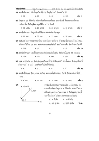 Physics Online I http://www.pec9.com บทที่ 3 มวล แรง และ กฏการเคลื่อนที่ของนิวตัน
79
10. จากขอที่ผานมา เมื่อสิ้นสุดวินาทีที่ 20 วัตถุมีความเร็วกี่เมตร/วินาที
ก. 10 ข. 20 ค. 50 ง. 100 (ขอ ง)
11. วัตถุมวล 20 กิโลกรัม เคลื่อนที่มาดวยความเร็ว 10 เมตร/วินาที ตองออกแรงตานการ
เคลื่อนที่เทาใดวัตถุจึงจะหยุดไดในเวลา 5 วินาที
ก. 10 นิวตัน ข. 20 นิวตัน ค. 30 นิวตัน ง. 40 นิวตัน (ขอ ง)
12. จากขอที่ผานมา วัตถุเคลื่อนที่ไดระยะทางเทาใด กอนหยุด
ก. 15 เมตร ข. 20 เมตร ค. 25 เมตร ง. 50 เมตร (ขอ ค)
13. ลังใบหนึ่งตกจากรถบรรทุกที่กําลังแลนดวยความเร็ว 72 กิโลกรัม/ชั่วโมง แลวไถลไปบน
พื้นถนนไดไกล 20 เมตร จงหาความเรงของลังใบนี้ ขณะไถลบนพื้น มีคากี่เมตร/วินาที2
ก. –10 ข. –5 ค. 5 ง. 10 (ขอ ก)
14. จากขอที่ผานมา แรงที่พื้นถนนกระทําตอลังมีคากี่นิวตัน ถาลังใบนี้มีมวล 40 กิโลกรัม
ก. 200 ข. 400 ค. 600 ง. 800 (ขอ ข)
15. แรง 30 นิวตัน กระทําตอวัตถุมวลกอนหนึ่งในทิศทํามุม 60o กับพื้นราบ ถาวัตถุเคลื่อนที่
ดวยความเรง 3 m/s2 มวลกอนนั้นมีคากี่กิโลกรัม
ก. 4 ข. 5 ค. 6 ง. 8 (ขอ ข)
16. จากขอที่ผานมา ถาแรงกระทําตอวัตถุ จากหยุดนิ่งเปนเวลา 4 วินาที วัตถุจะเคลื่อนที่ได
ระยะ
ก. 6 เมตร ข. 10 เมตร ค. 18 เมตร ง. 24 เมตร (ขอ ง)
17. จากรูปเปนกราฟระหวางความเร็ว v และเวลา t ใน
การเคลื่อนที่ของวัตถุมวล 5 กิโลกรัม จงหาวาในการ
เปลี่ยนตําแหนงของวัตถุจากจุด A ไปยังจุด B วัตถุนี้
วัตถุนี้จะตองใชไดรับแรงจากภาย นอกกี่นิวตัน
ก. 5 นิวตัน ข. 50 นิวตัน
ค. 500 นิวตัน ง. 5000 นิวตัน (ขอ ง)
v(km/s)
B
(8, 12)
(0, 4)
A
t(s)
 