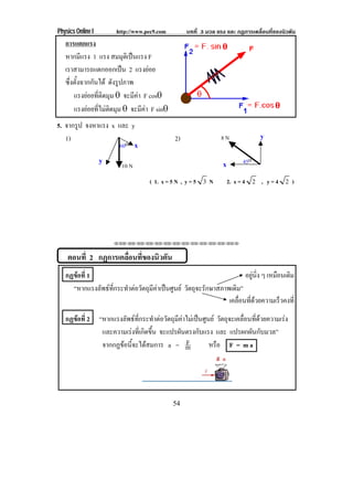 Physics Online I http://www.pec9.com บทที่ 3 มวล แรง และ กฏการเคลื่อนที่ของนิวตัน
54
การแตกแรง
หากมีแรง 1 แรง สมมุติเปนแรง F
เราสามารถแตกออกเปน 2 แรงยอย
ซึ่งตั้งฉากกันได ดังรูปภาพ
แรงยอยที่ติดมุม ± จะมีคา F cos±
แรงยอยที่ไมติดมุม ± จะมีคา F sin±
5. จากรูป จงหาแรง x และ y
1) 2)
( 1. x = 5 N , y = 5 3 N 2. x = 4 2 , y = 4 2 )
⌫⌫⌦⌫⌦⌫⌦⌫⌦⌫⌦⌫⌦⌫⌦⌫⌦⌫⌦⌫⌦⌫⌦⌫⌦⌫⌦⌦
ตอนที่ 2 กฏการเคลื่อนที่ของนิวตัน
กฏขอที่ 1
“หากแรงลัพธที่กระทําตอวัตถุมีคาเปนศูนย วัตถุจะรักษาสภาพเดิม”
กฏขอที่ 2 “หากแรงลัพธที่กระทําตอวัตถุมีคาไมเปนศูนย วัตถุจะเคลื่อนที่ดวยความเรง
และความเรงที่เกิดขึ้น จะแปรผันตรงกับแรง และ แปรผกผันกับมวล”
จากกฏขอนี้จะไดสมการ a = mF หรือ F = m a
อยูนิ่ง ๆ เหมือนเดิม
เคลื่อนที่ดวยความเร็วคงที่
y
x60o
10 N
45o
x
y8 N
 