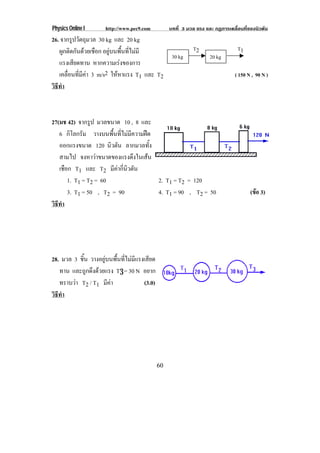 Physics Online I http://www.pec9.com บทที่ 3 มวล แรง และ กฏการเคลื่อนที่ของนิวตัน
60
26. จากรูปวัตถุมวล 30 kg และ 20 kg
ผูกติดกันดวยเชือก อยูบนพื้นที่ไมมี
แรงเสียดทาน หากความเรงของการ
เคลื่อนที่มีคา 3 m/s2 ใหหาแรง T1 และ T2 ( 150 N , 90 N )
วิธีทํา
27(มช 42) จากรูป มวลขนาด 10 , 8 และ
6 กิโลกรัม วางบนพื้นที่ไมมีความฝด
ออกแรงขนาด 120 นิวตัน ลากมวลทั้ง
สามไป จงหาวาขนาดของแรงดึงในเสน
เชือก T1 และ T2 มีคากี่นิวตัน
1. T1 = T2 = 60 2. T1 = T2 = 120
3. T1 = 50 , T2 = 90 4. T1 = 90 , T2 = 50 (ขอ 3)
วิธีทํา
28. มวล 3 ชิ้น วางอยูบนพื้นที่ไมมีแรงเสียด
ทาน และถูกดึงดวยแรง T3 = 30 N อยาก
ทราบวา T2 / T1 มีคา (3.0)
วิธีทํา
20 kg30 kg
T2 T1
 