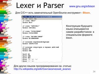 Lexer и Parser
Для C/С++ есть замечательный OpenSource инструмент - Bison.
Для других языков программирования см. статью:
http://ru.wikipedia.org/wiki/Синтаксический_анализ
34
Конструкции будущего
языка описываются
самим разработчиком в
специальном формате
bison.
www.gnu.org/s/bison
 