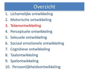 1. Lichamelijke ontwikkeling
2. Motorische ontwikkeling
3. Tekenontwikkeling
4. Perceptuele ontwikkeling
5. Seksuele ontwikkeling
6. Sociaal emotionele ontwikkeling
7. Cognitieve ontwikkeling
8. Taalontwikkeling
9. Spelontwikkeling
10. Persoonlijkheidsontwikkeling
Overzicht
 