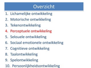 1. Lichamelijke ontwikkeling
2. Motorische ontwikkeling
3. Tekenontwikkeling
4. Perceptuele ontwikkeling
5. Seksuele ontwikkeling
6. Sociaal emotionele ontwikkeling
7. Cognitieve ontwikkeling
8. Taalontwikkeling
9. Spelontwikkeling
10. Persoonlijkheidsontwikkeling
Overzicht
 