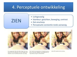 4. Perceptuele ontwikkeling
• Lichtgevoelig
• Voorkeur: gezichten, beweging, contrast
• Ziet onscherp
• Perceptuele constantie reeds aanwezig.
ZIEN
 