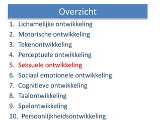 1. Lichamelijke ontwikkeling
2. Motorische ontwikkeling
3. Tekenontwikkeling
4. Perceptuele ontwikkeling
5. Seksuele ontwikkeling
6. Sociaal emotionele ontwikkeling
7. Cognitieve ontwikkeling
8. Taalontwikkeling
9. Spelontwikkeling
10. Persoonlijkheidsontwikkeling
Overzicht
 