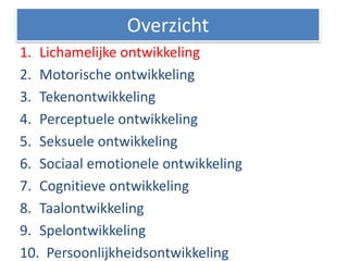 1. Lichamelijke ontwikkeling
2. Motorische ontwikkeling
3. Tekenontwikkeling
4. Perceptuele ontwikkeling
5. Seksuele ontwikkeling
6. Sociaal emotionele ontwikkeling
7. Cognitieve ontwikkeling
8. Taalontwikkeling
9. Spelontwikkeling
10. Persoonlijkheidsontwikkeling
Overzicht
 