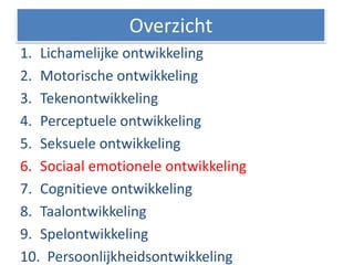 1. Lichamelijke ontwikkeling
2. Motorische ontwikkeling
3. Tekenontwikkeling
4. Perceptuele ontwikkeling
5. Seksuele ontwikkeling
6. Sociaal emotionele ontwikkeling
7. Cognitieve ontwikkeling
8. Taalontwikkeling
9. Spelontwikkeling
10. Persoonlijkheidsontwikkeling
Overzicht
 