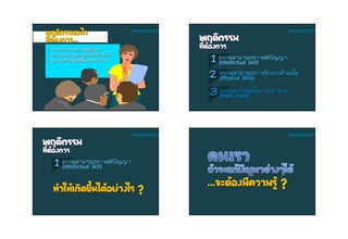 พฤติกรรมอะไร
ที่ต้องการ...
> ความสามารถทางสติปัญญา
> ความสามารถทางทักษะกล้ามเนื้อ
> ลักษณะกิจนิสัยที่ดีในการทางาน
ลักษณะการเรียนรู้
และระดับพฤติกรรม
พฤติกรรม
ที่ต้องการ
3
1
2
ความสามารถทางสติปัญญา
(Intellectual Skill)
ความสามารถทางทักษะกล้ามเนื้อ
(Physical Skills)
ลักษณะกิจนิสัยในการทางาน
(Work Habit)
ลักษณะการเรียนรู้
และระดับพฤติกรรม
1ความสามารถทางสติปัญญา
(Intellectual Skill)
ทาให้เกิดขึ้นได้อย่างไร ?
ลักษณะการเรียนรู้
และระดับพฤติกรรม
พฤติกรรม
ที่ต้องการ
...จะต้องมีความรู้ ?
ลักษณะการเรียนรู้
และระดับพฤติกรรม
 
