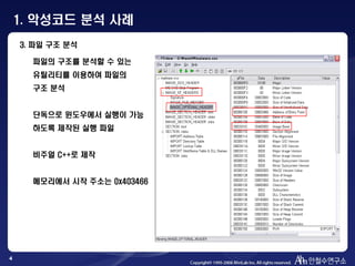 4
3. 파일 구조 분석
파일의 구조를 분석할 수 있는
유틸리티를 이용하여 파일의
구조 분석
단독으로 윈도우에서 실행이 가능
하도록 제작된 실행 파일
비주얼 C++로 제작
메모리에서 시작 주소는 0x403466
1. 악성코드 분석 사례
 